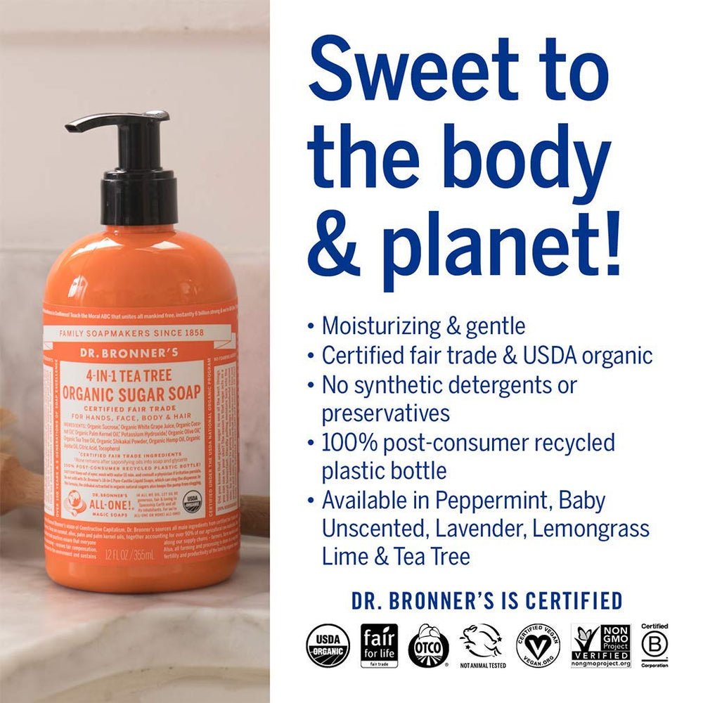 Dr. Bronner's bottle in shower demonstrating versatile body and hair use