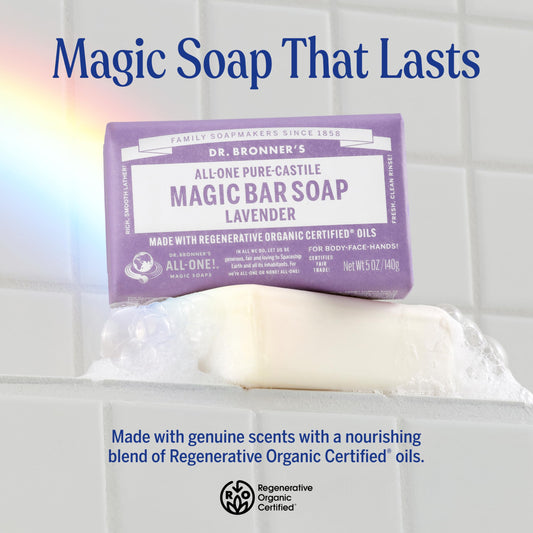 Dr. Bronner's close-up texture of lavender bar highlighting creamy lather