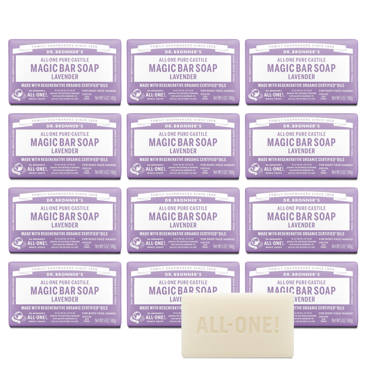 Dr. Bronner's lavender bar front packaging showing product identity and benefits