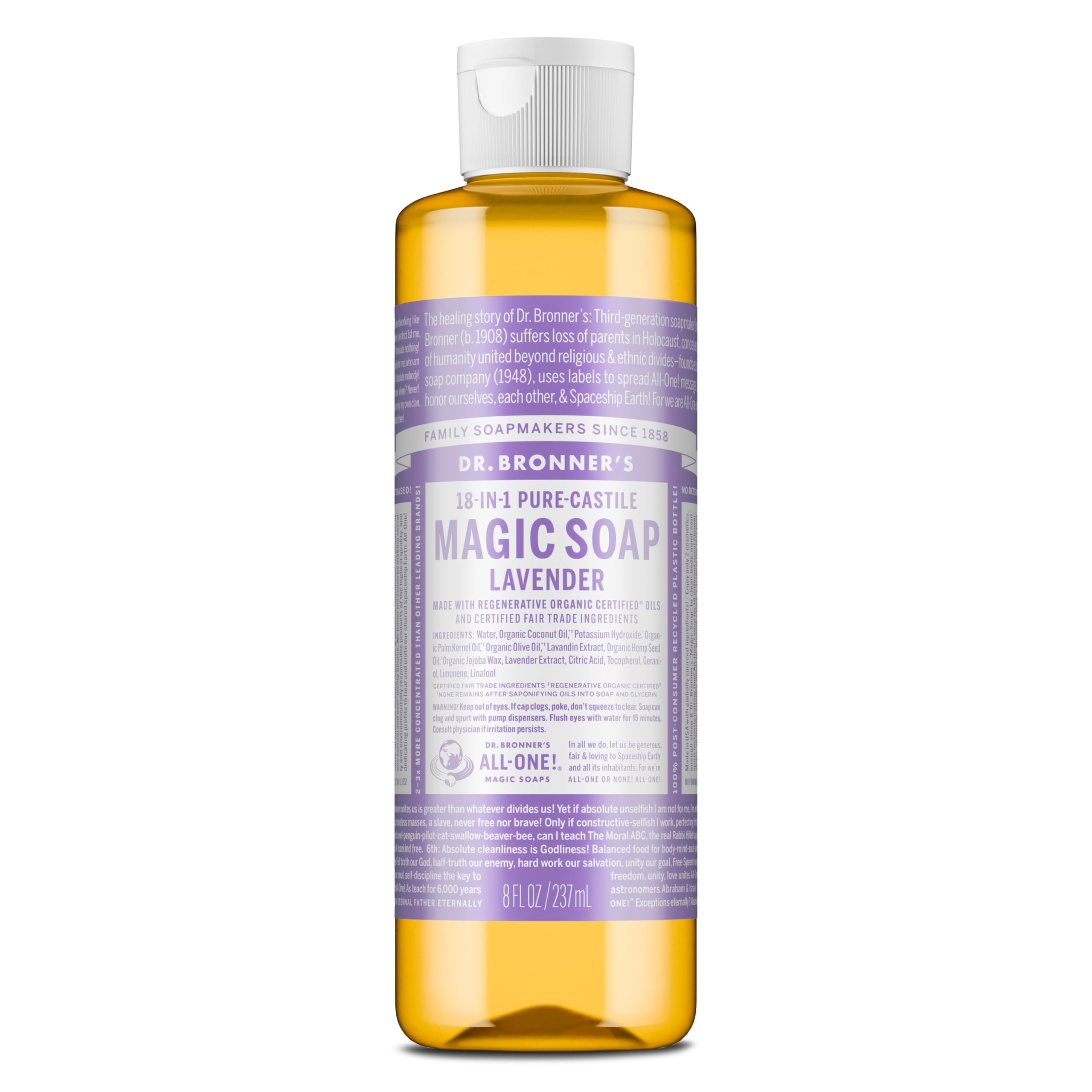 Dr. Bronner's front bottle image showing lavender scent and compact size benefits