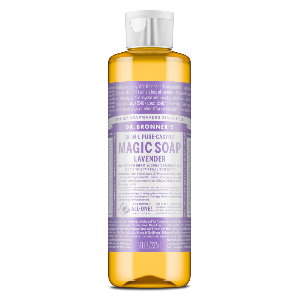 Dr. Bronner's front bottle image showing lavender scent and compact size benefits