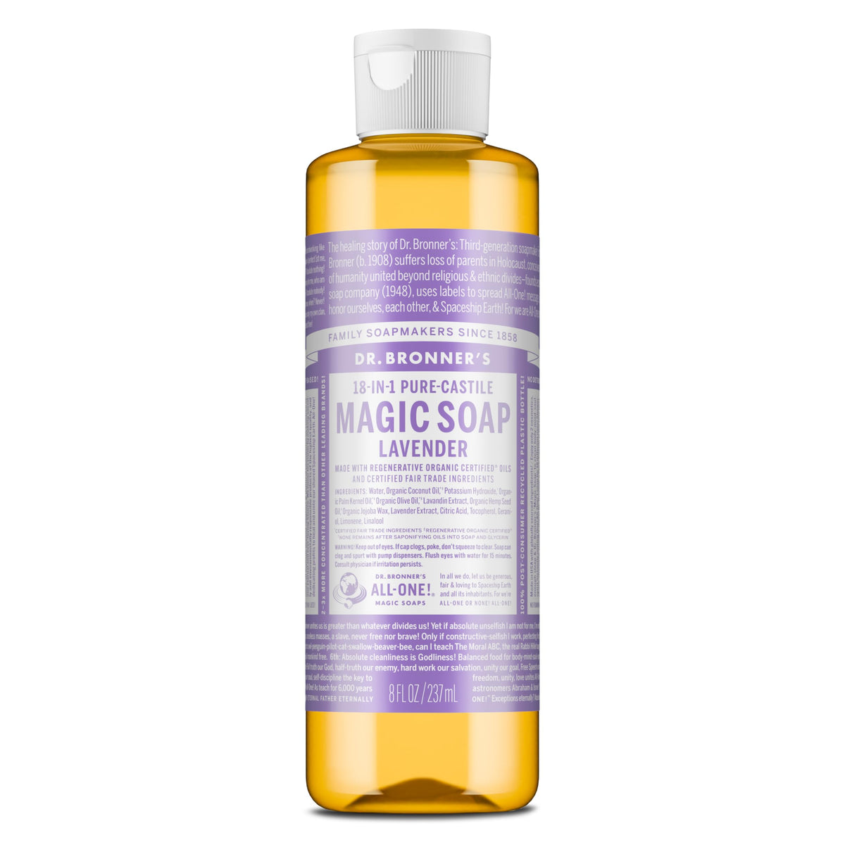 Dr. Bronner's front bottle image showing lavender scent and compact size benefits
