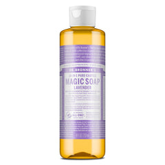 Dr. Bronner's front bottle image showing lavender scent and compact size benefits