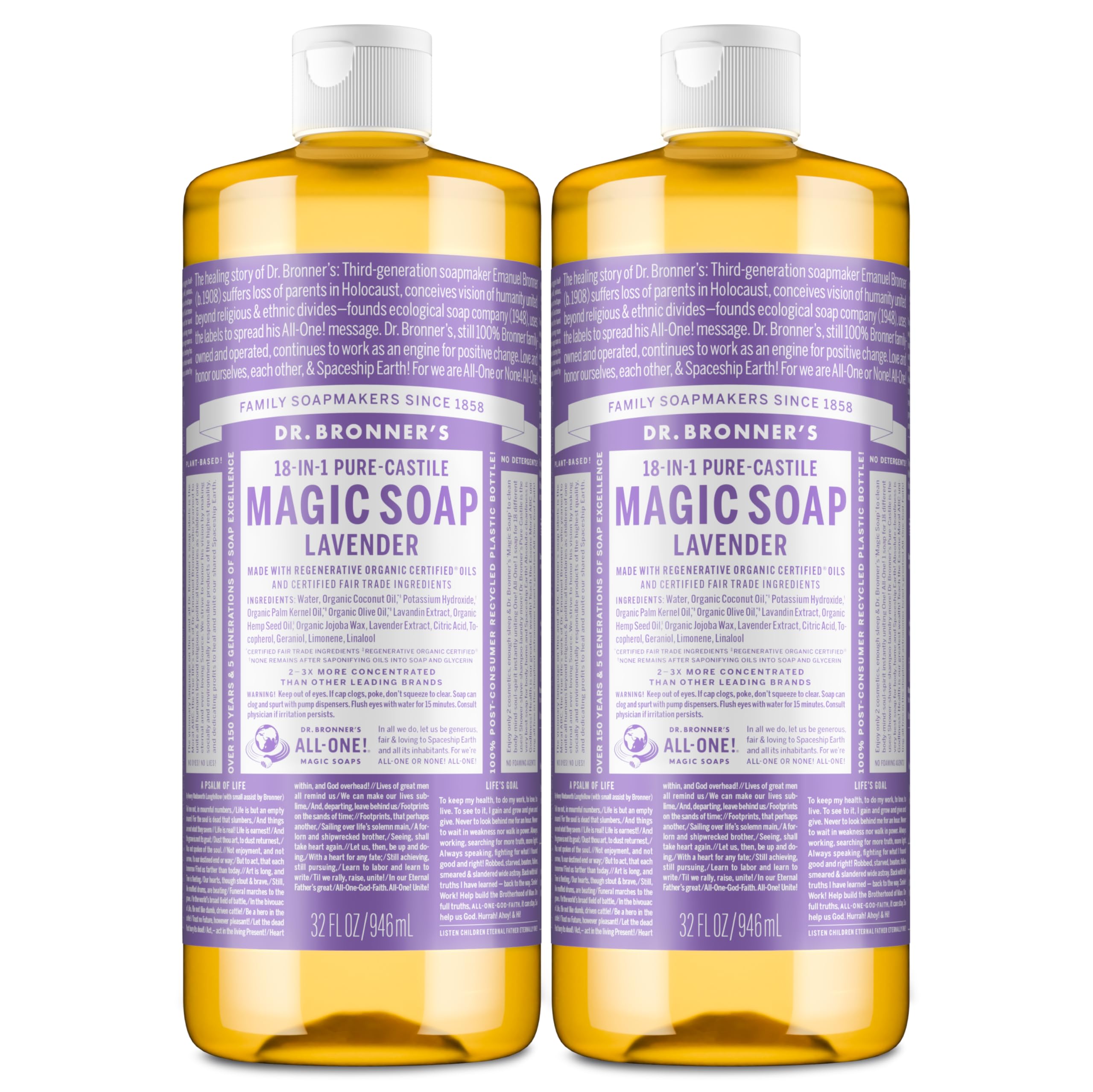 Dr. Bronner's lavender front label showing product details and organic benefits