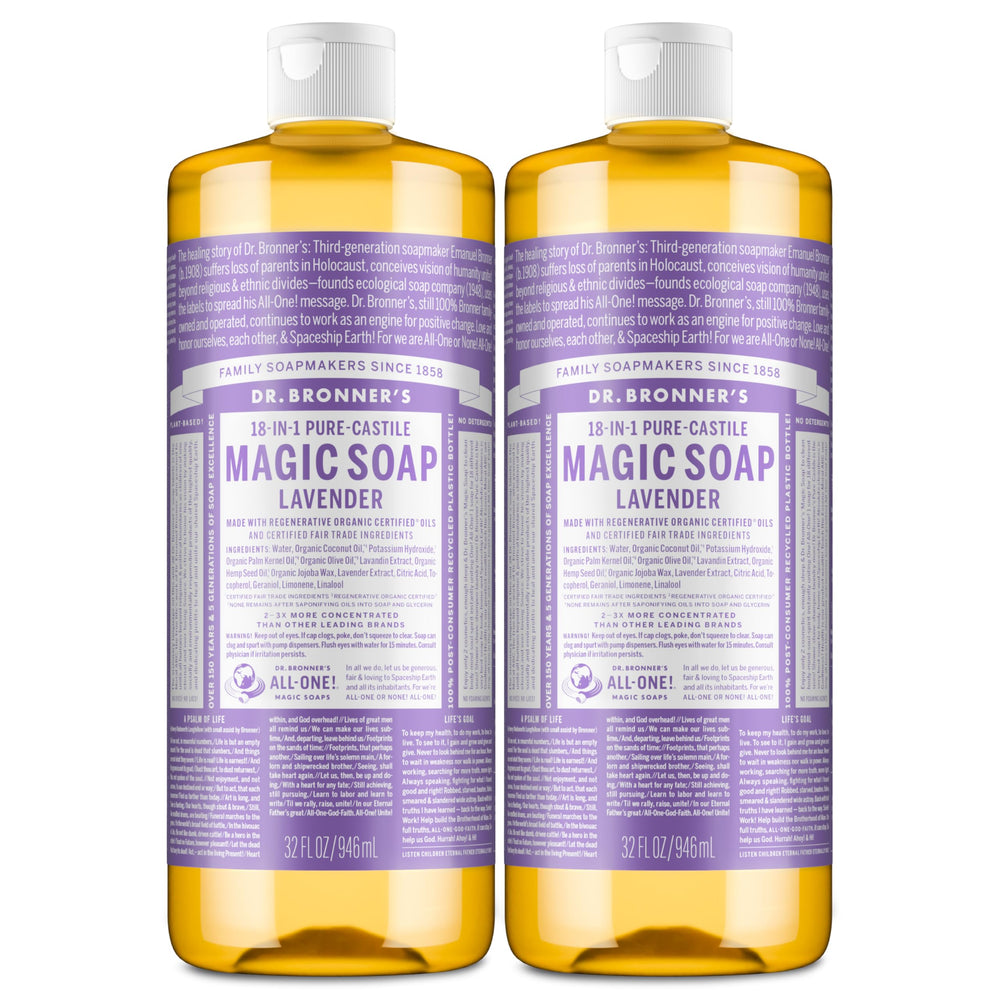 Dr. Bronner's lavender front label showing product details and organic benefits