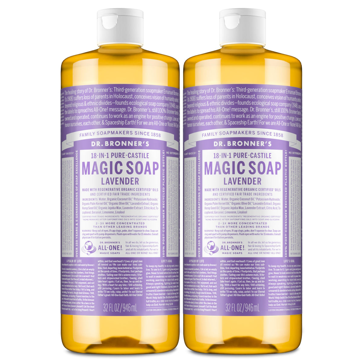 Dr. Bronner's lavender front label showing product details and organic benefits