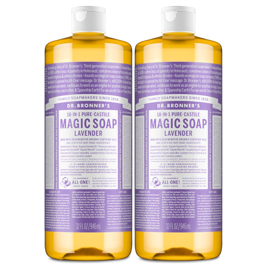 Dr. Bronner's lavender front label showing product details and organic benefits