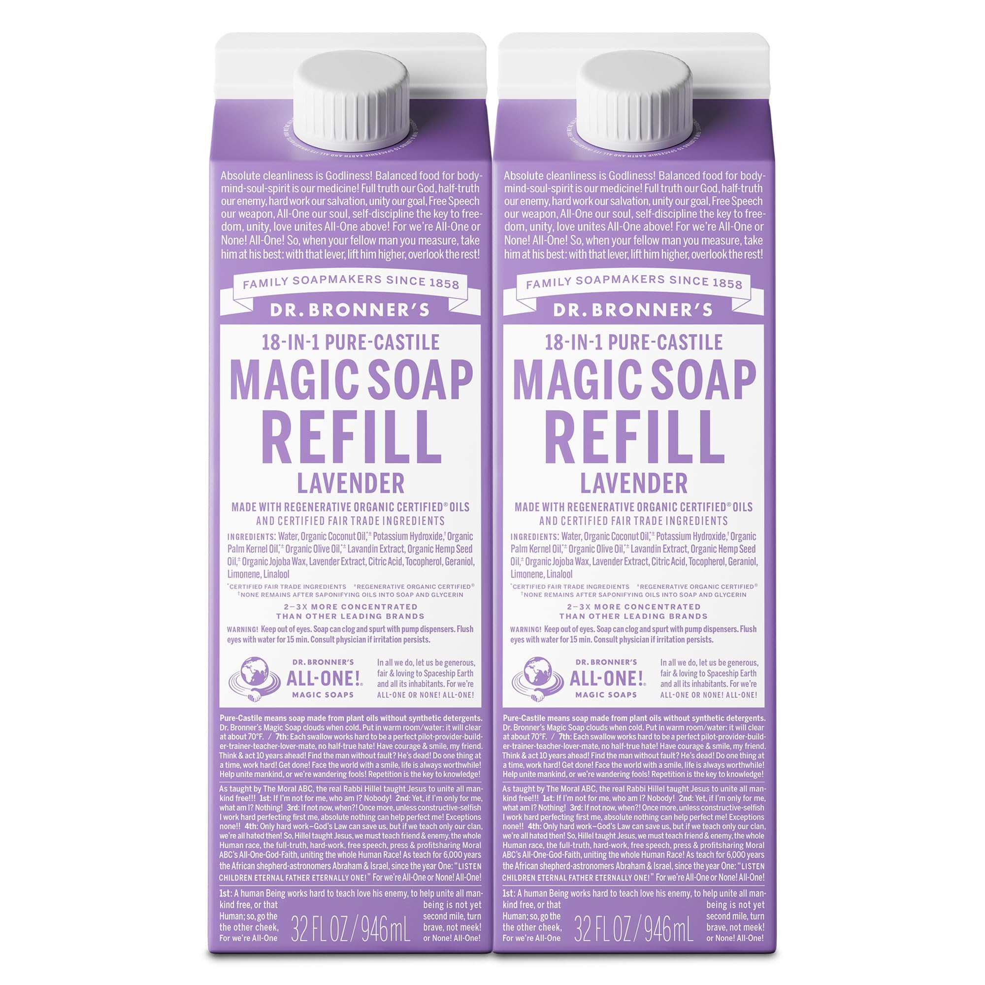 Dr. Bronner's lavender refill front packaging shows label and certifications benefit reuse