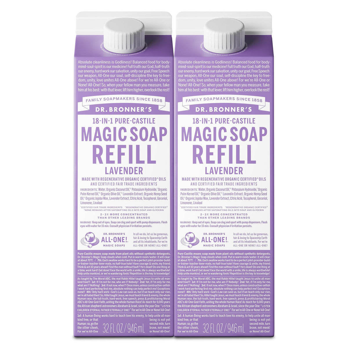 Dr. Bronner's lavender refill front packaging shows label and certifications benefit reuse