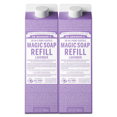 Dr. Bronner's lavender refill front packaging shows label and certifications benefit reuse