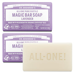 Dr. Bronner's lavender bar front packaging showing product benefits