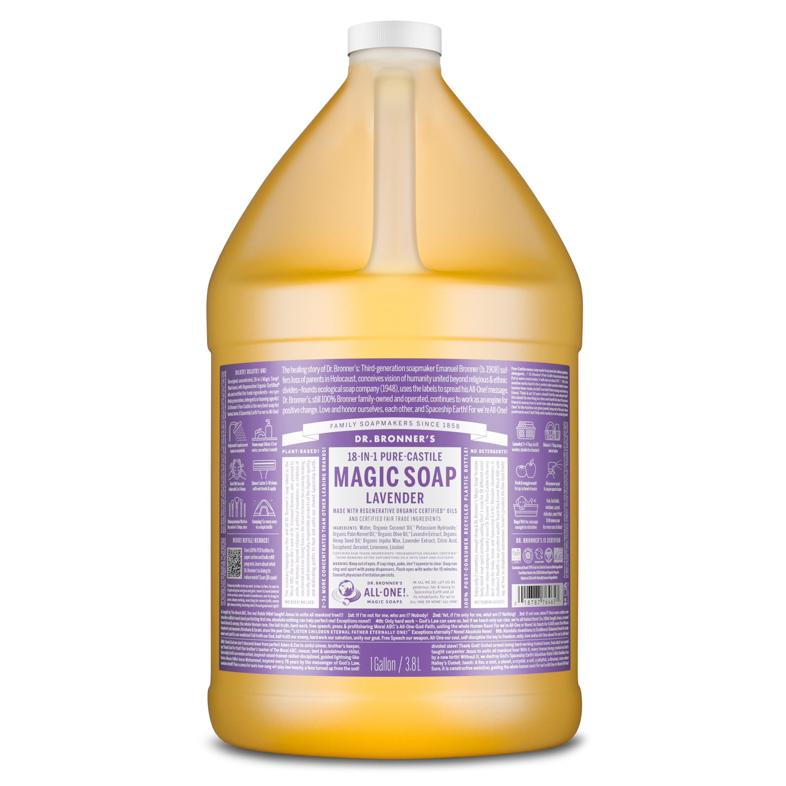Dr. Bronner's gallon front view showing label and size, conveys value