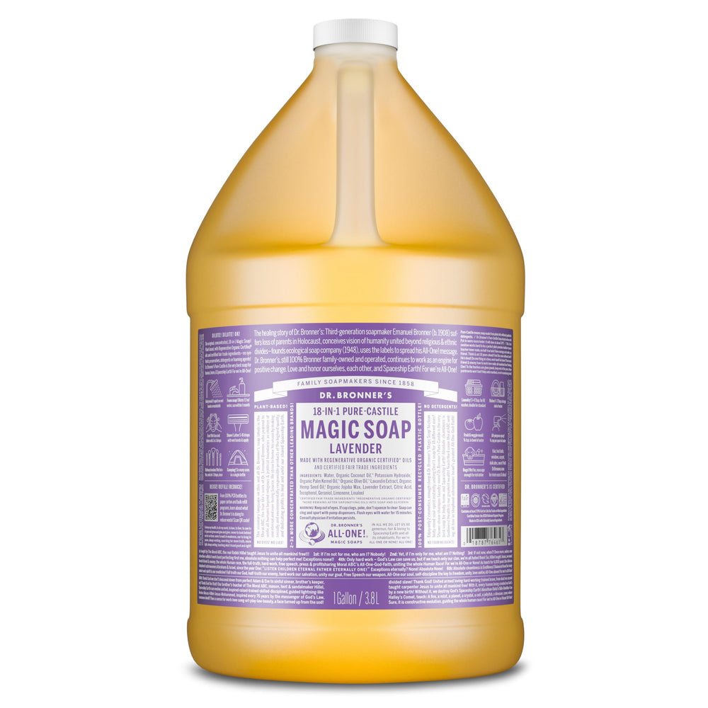 Dr. Bronner's gallon front view showing label and size, conveys value