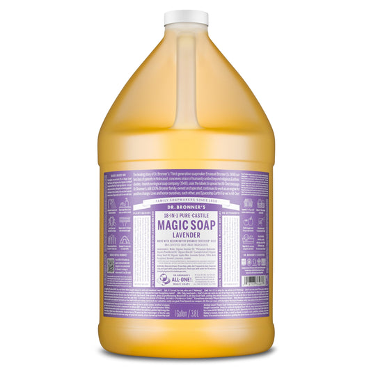 Dr. Bronner's gallon front view showing label and size, conveys value