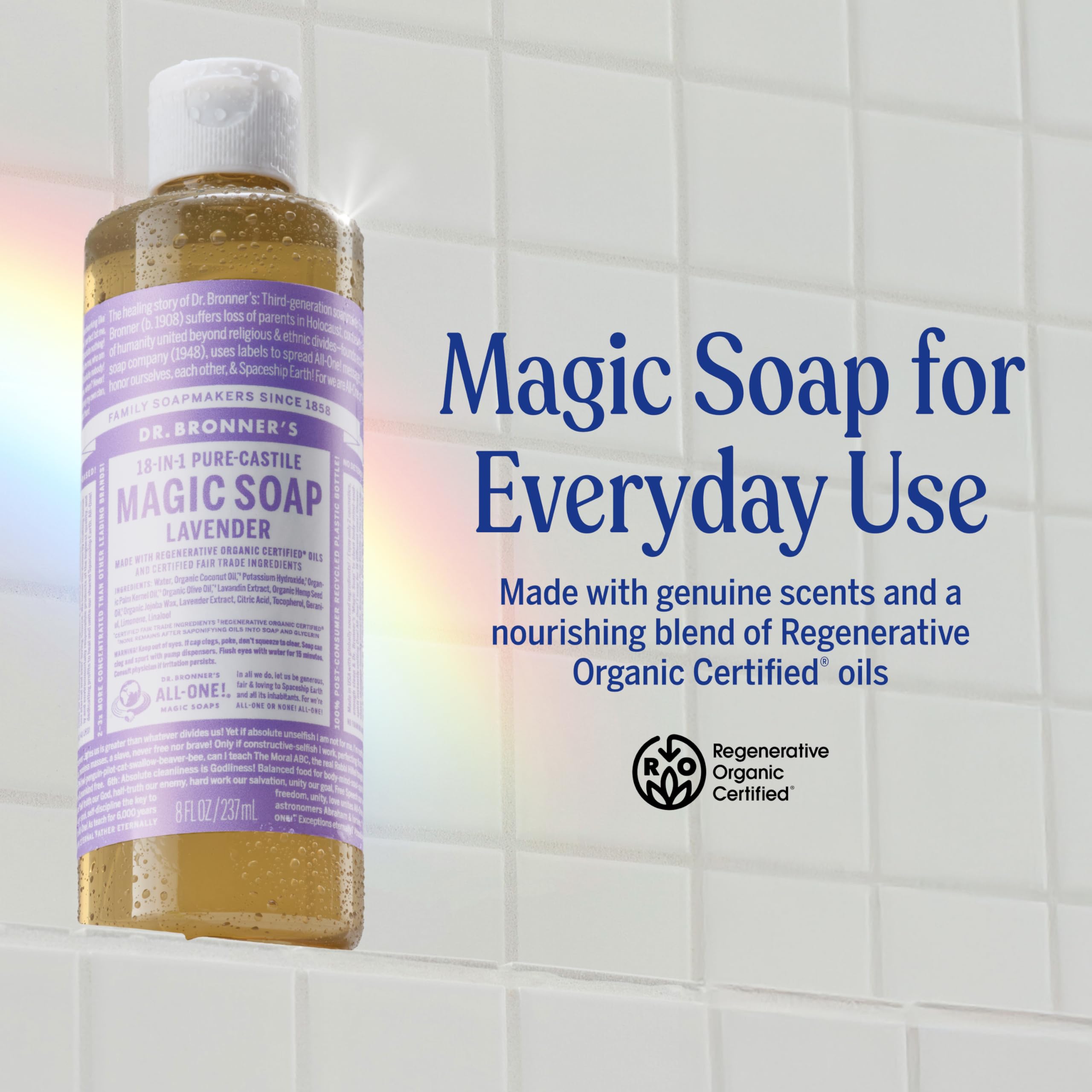 Dr. Bronner's label close-up highlighting organic ingredients and certification benefits