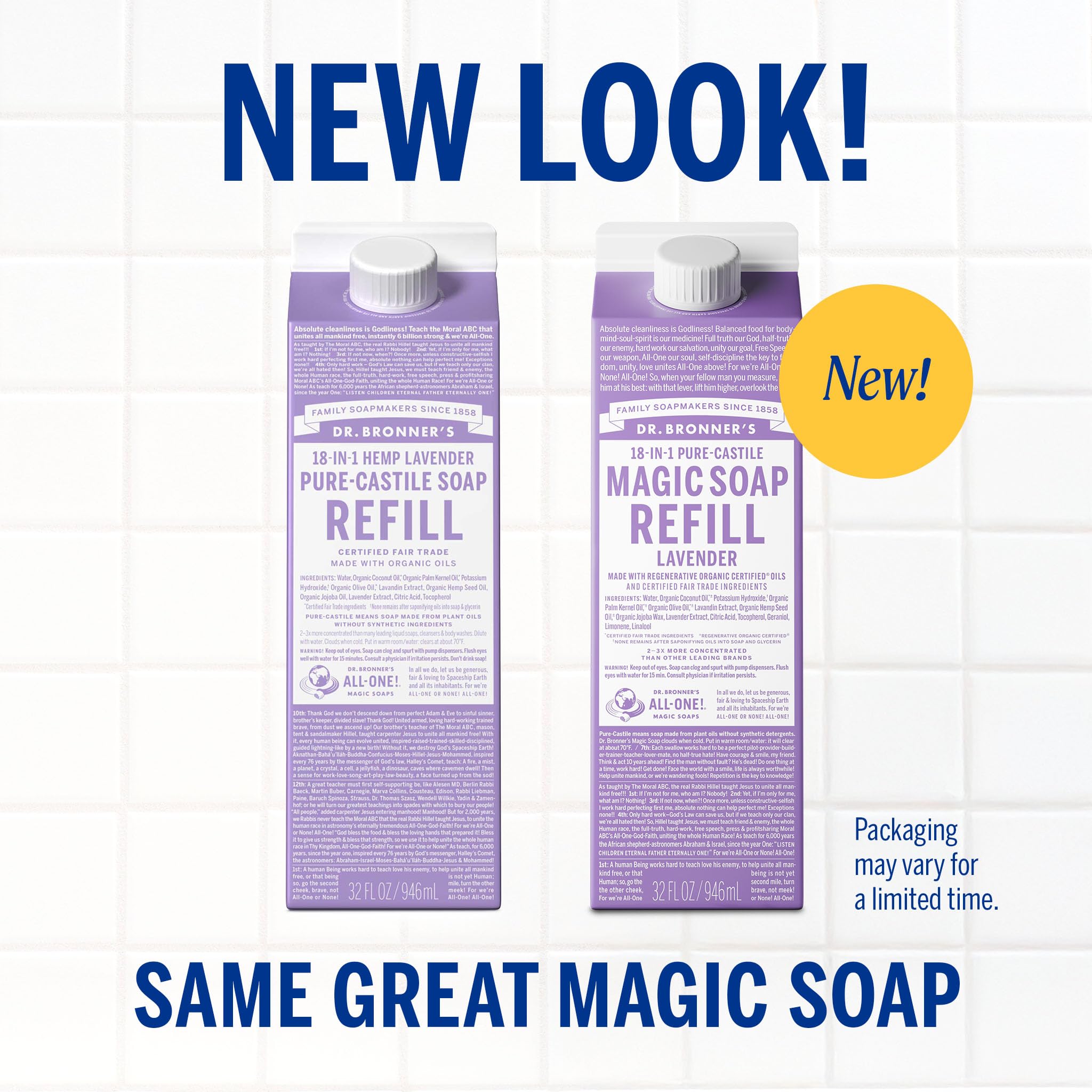 Dr. Bronner's lavender soap pouring from carton into bottle for easy refill benefit