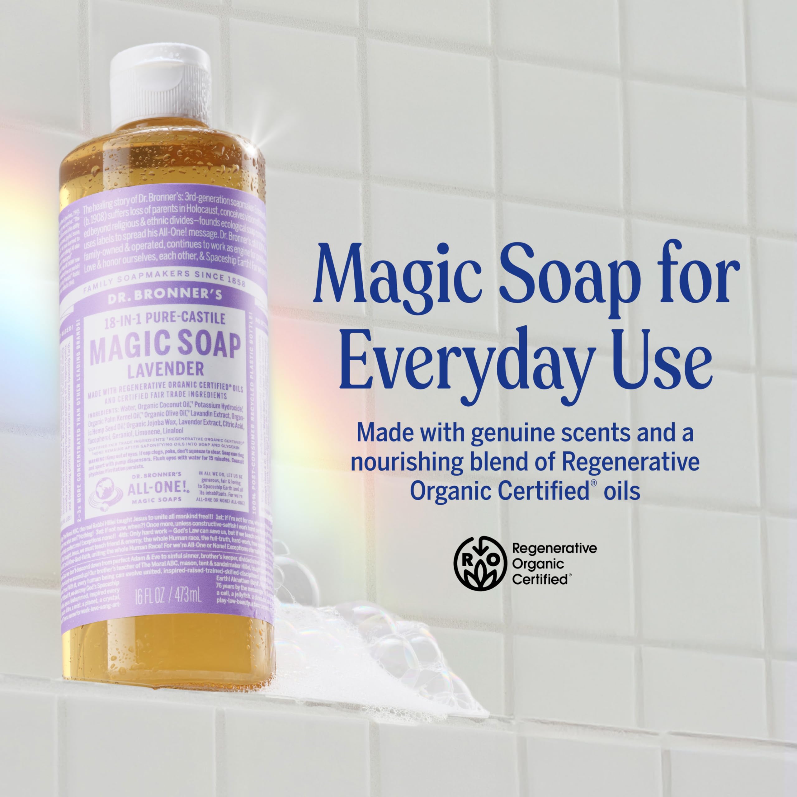Dr. Bronner's lavender soap being dispensed from pump for easy measured use