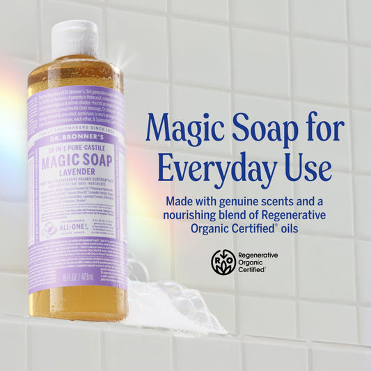 Dr. Bronner's lavender soap being dispensed from pump for easy measured use