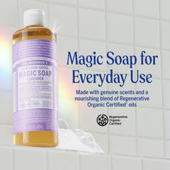 Dr. Bronner's lavender soap being dispensed from pump for easy measured use