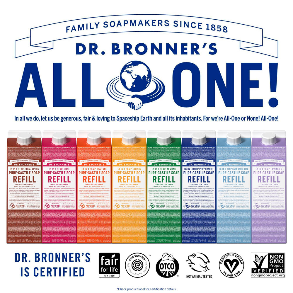 Dr. Bronner's lavender carton beside common bottle for scale and refill convenience