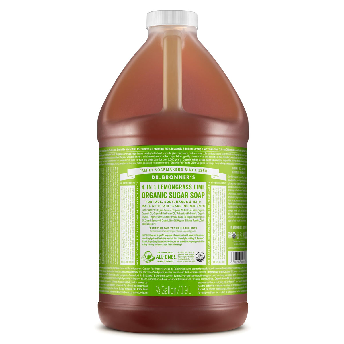 Dr. Bronner's front bottle showing lemongrass label and size benefit