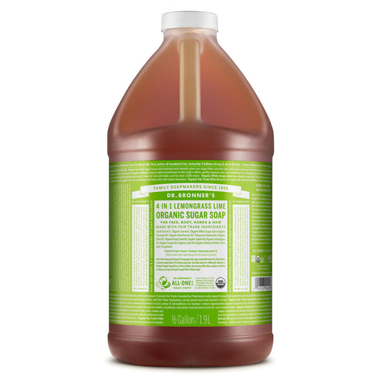 Dr. Bronner's front bottle showing lemongrass label and size benefit