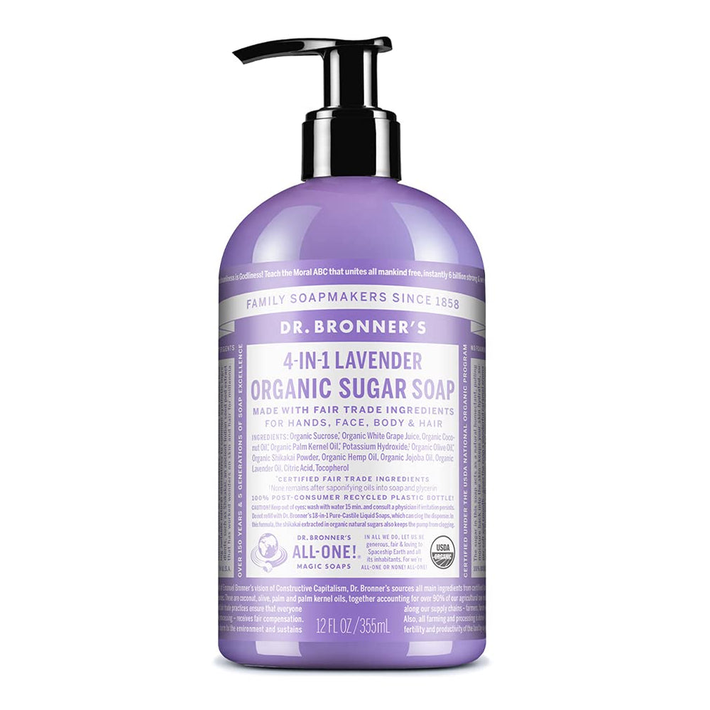 Dr. Bronner's front label shown clearly, communicates organic multi-use benefits