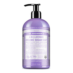 Dr. Bronner's front label shown clearly, communicates organic multi-use benefits