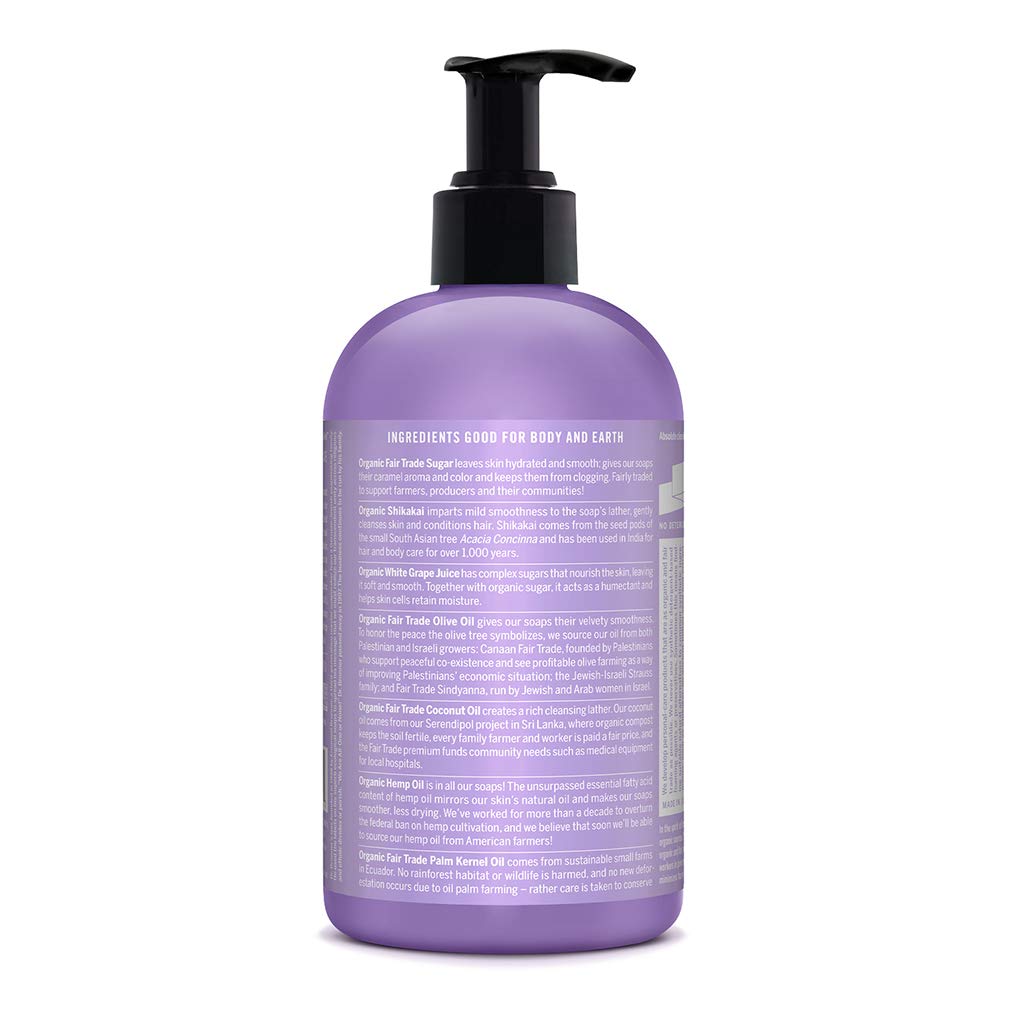 Dr. Bronner's pump close-up dispensing soap, highlights easy one-handed use benefit