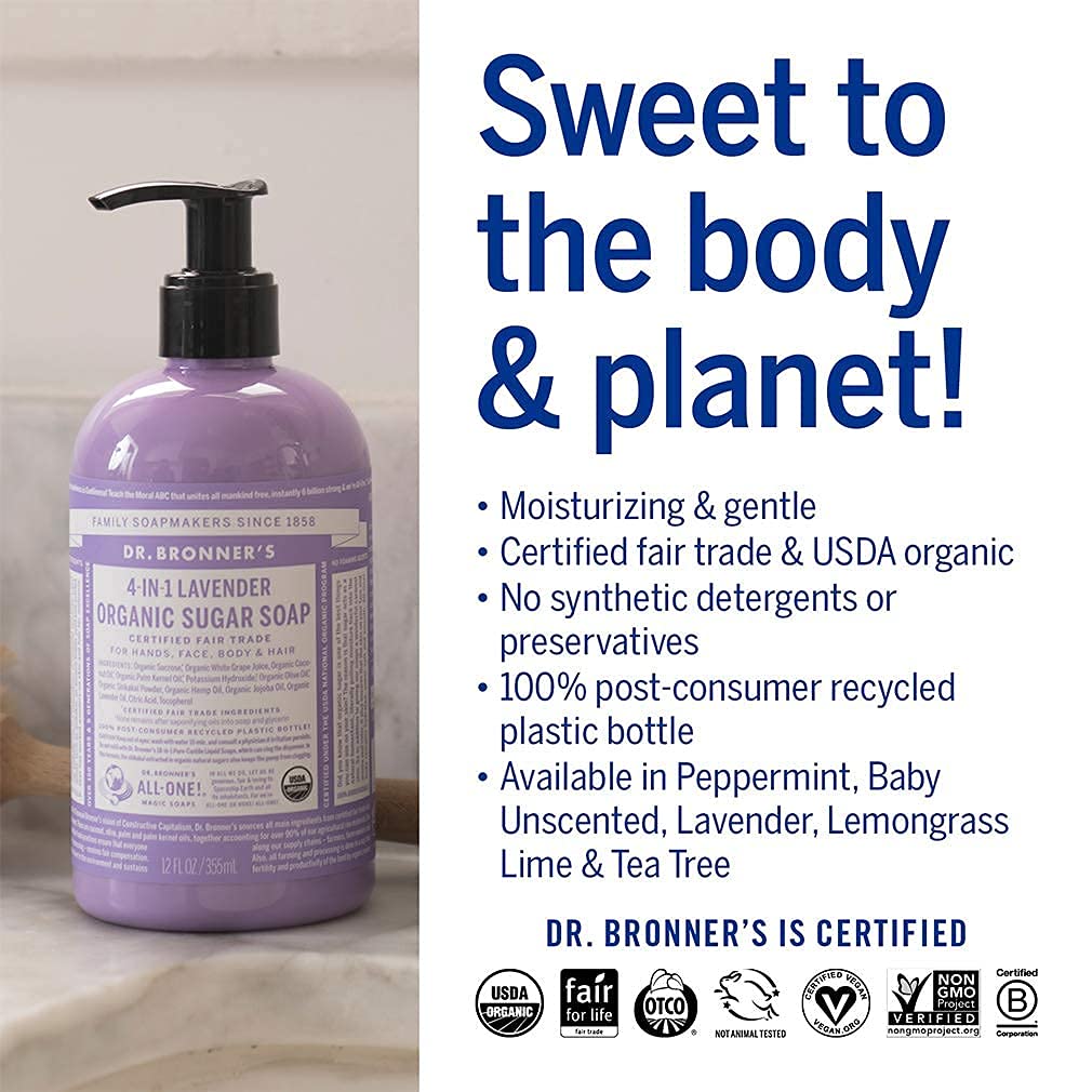 12 oz bottle next to hand for scale, shows Dr. Bronner's travel-friendly size benefit
