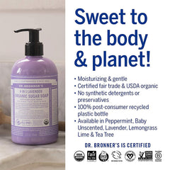 12 oz bottle next to hand for scale, shows Dr. Bronner's travel-friendly size benefit