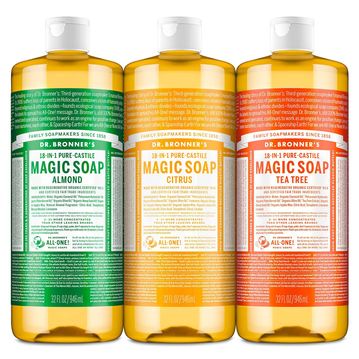 Dr. Bronner's 3-pack front labels showing Almond Citrus Tea Tree benefits