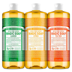 Dr. Bronner's 3-pack front labels showing Almond Citrus Tea Tree benefits