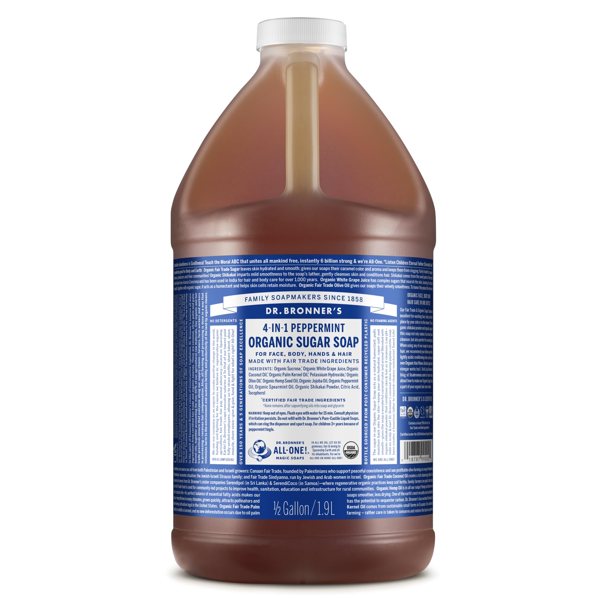 Dr. Bronner's peppermint sugar soap front label showing product benefits