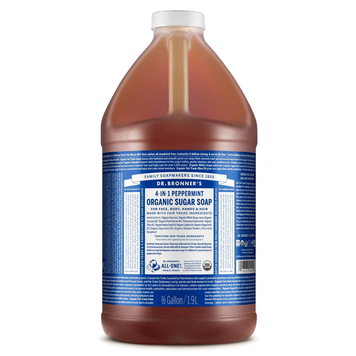 Dr. Bronner's peppermint sugar soap front label showing product benefits