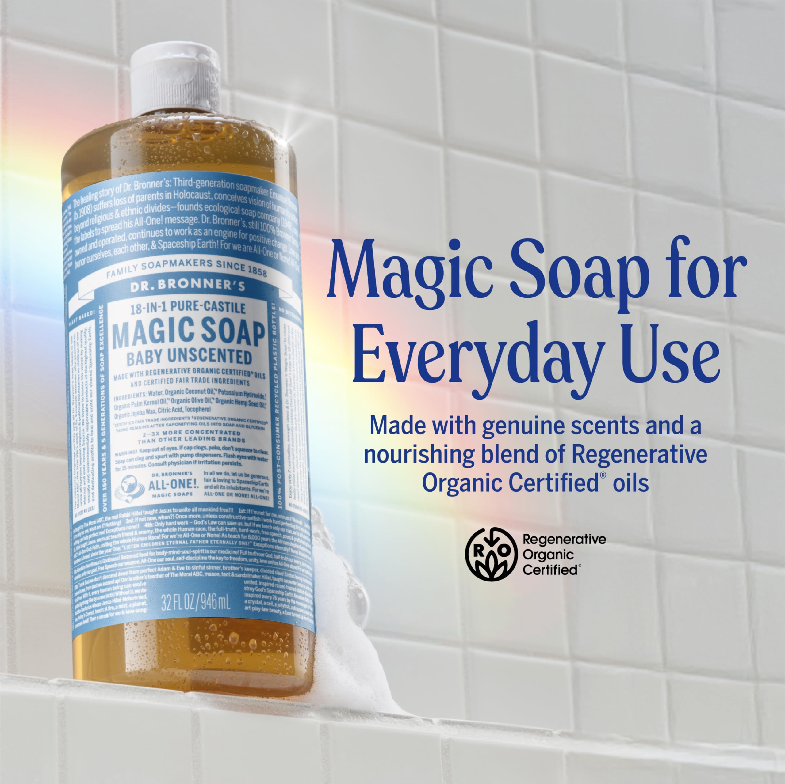 Dr. Bronner's peppermint bottle label close-up highlighting freshness benefit