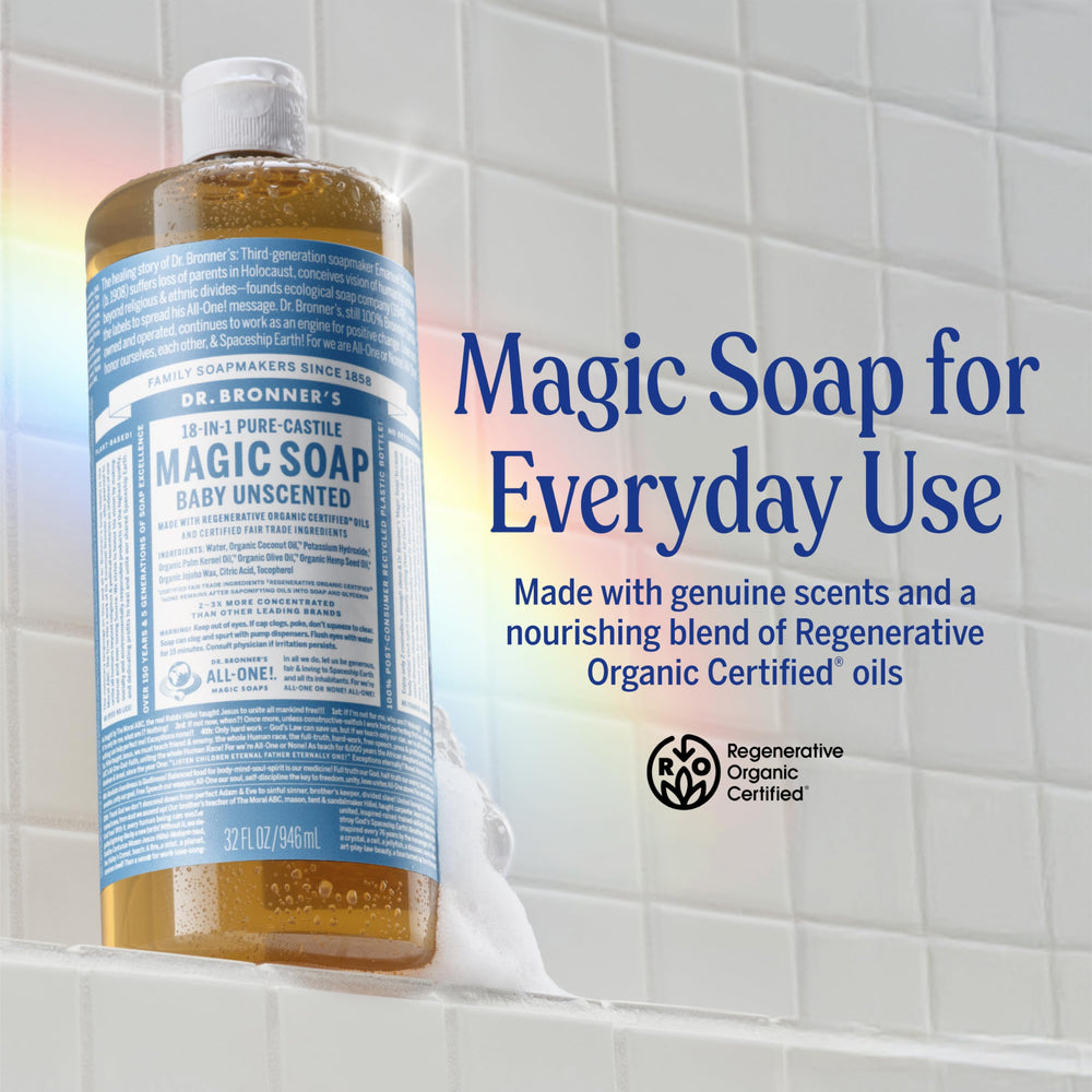 Dr. Bronner's peppermint bottle label close-up highlighting freshness benefit