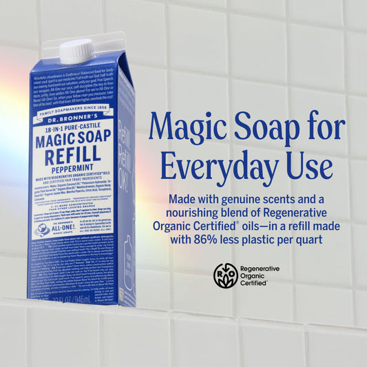 Dr. Bronner's pouring peppermint liquid refill into dispenser demonstrating concentrated use