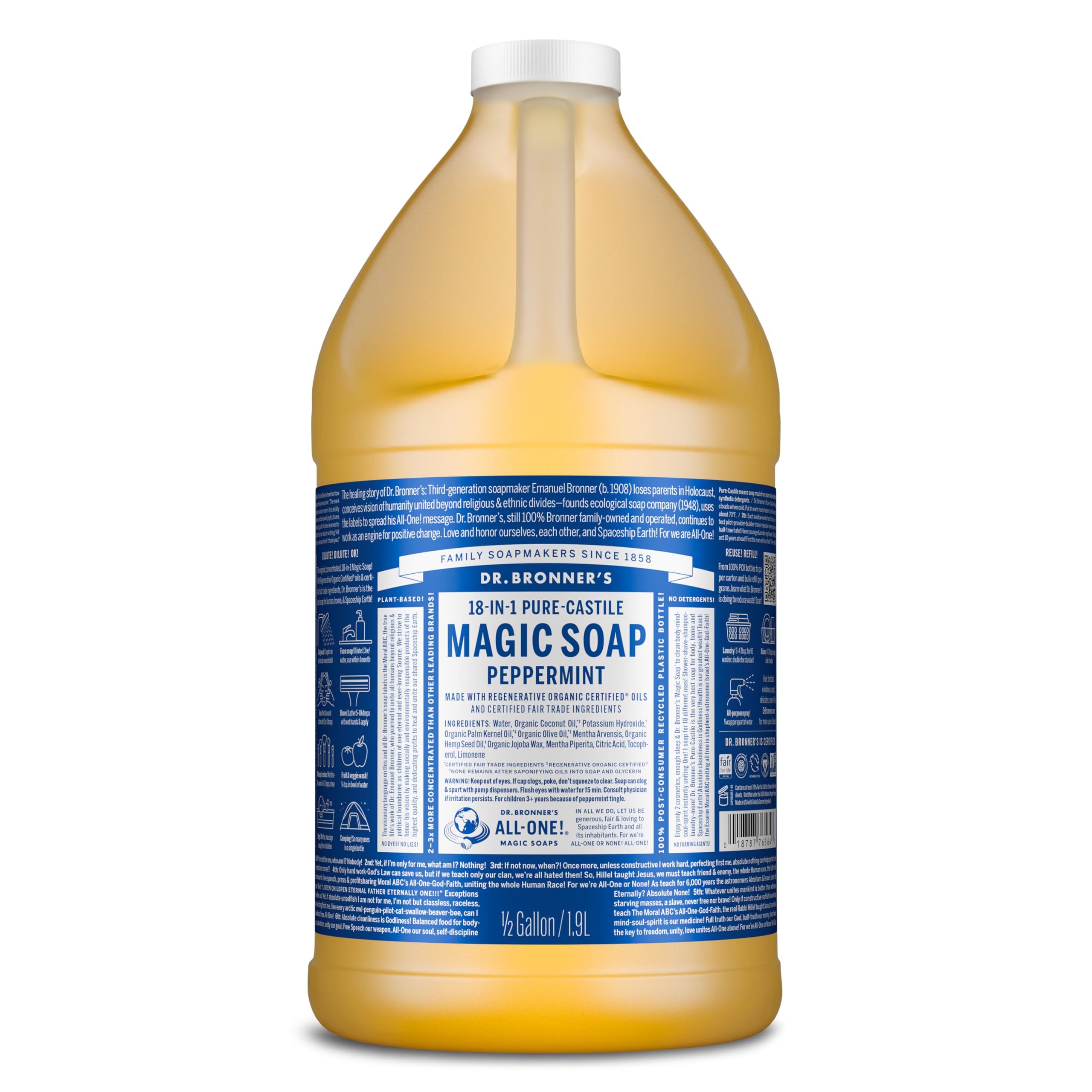 Dr. Bronner's front label showing peppermint soap and size, clear product information benefit