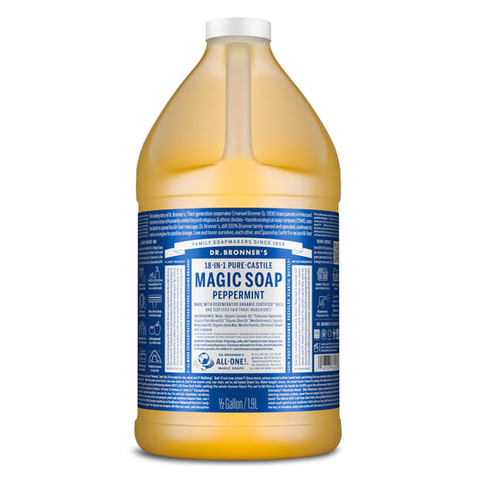 Dr. Bronner's front label showing peppermint soap and size, clear product information benefit