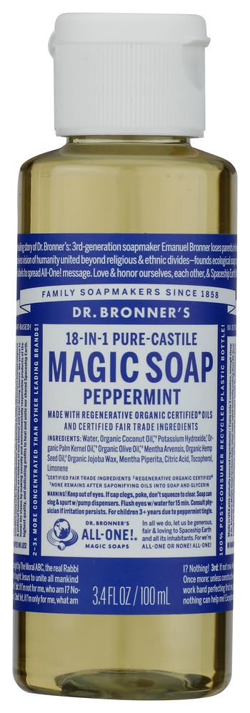 Dr. Bronner's peppermint bottle front label showing organic 18-in-1 benefits