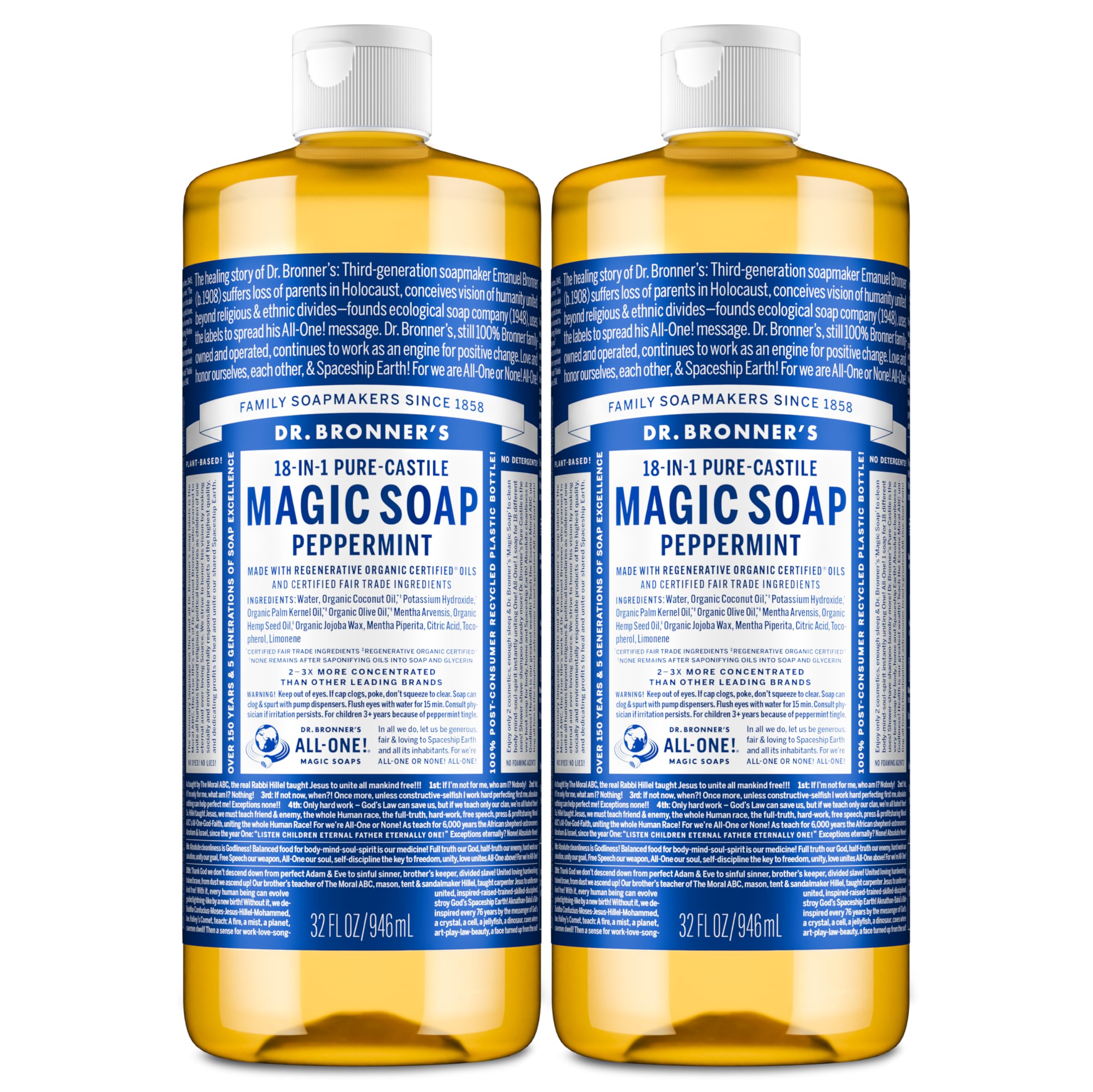 Dr. Bronner's peppermint bottle front showing clean organic branding and clarity benefit