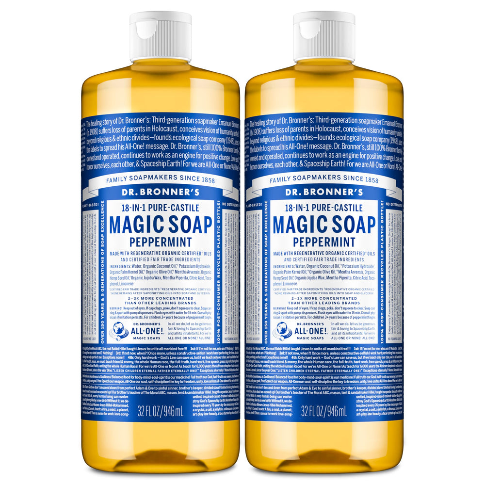 Dr. Bronner's peppermint bottle front showing clean organic branding and clarity benefit