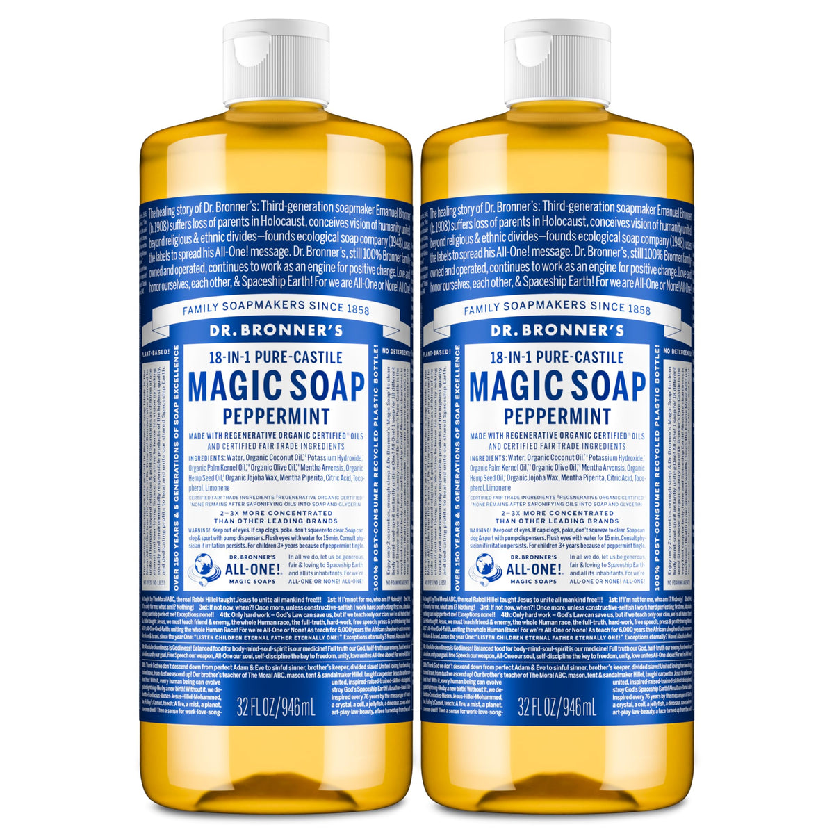Dr. Bronner's peppermint bottle front showing clean organic branding and clarity benefit
