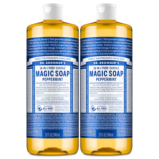 Dr. Bronner's peppermint bottle front showing clean organic branding and clarity benefit