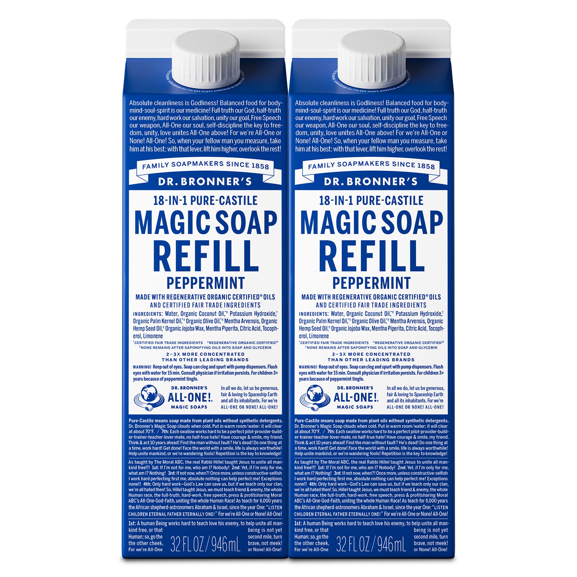 Dr. Bronner's peppermint front packaging shows two 32oz cartons for sustainable refills