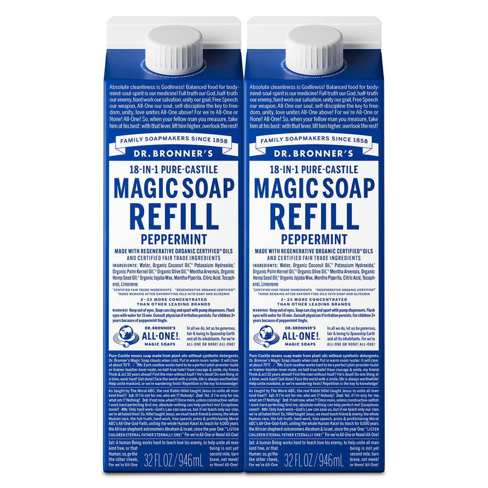Dr. Bronner's peppermint front packaging shows two 32oz cartons for sustainable refills