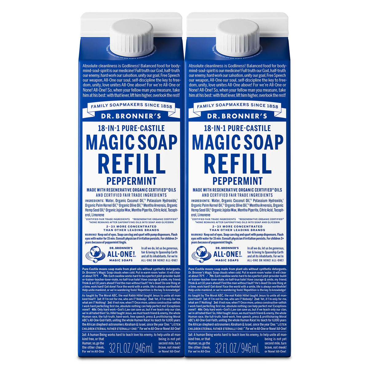 Dr. Bronner's peppermint front packaging shows two 32oz cartons for sustainable refills