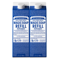 Dr. Bronner's peppermint front packaging shows two 32oz cartons for sustainable refills
