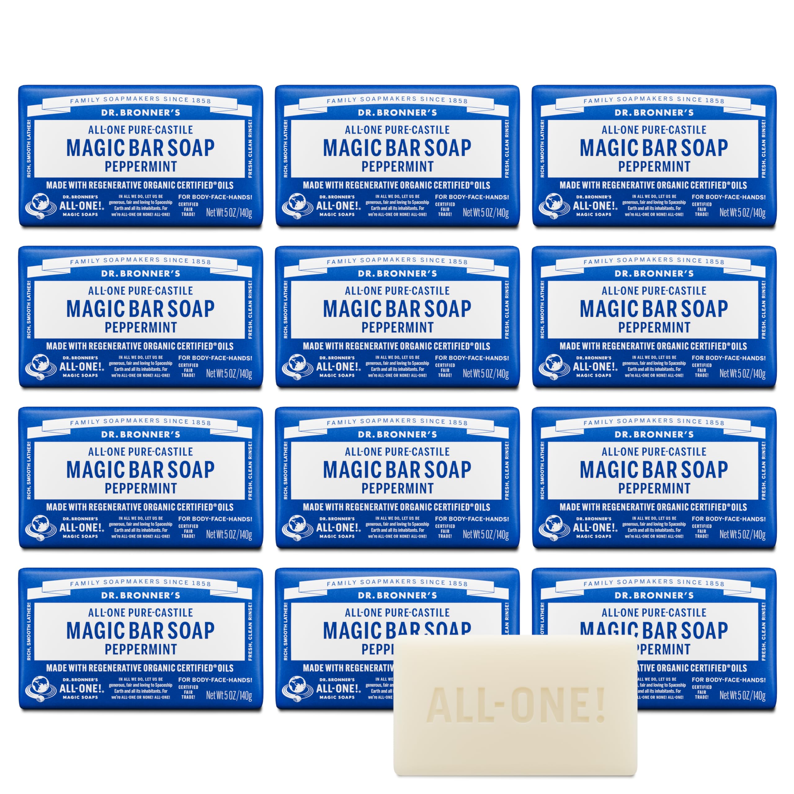 Dr. Bronner's front packaging showing peppermint bars and eco-friendly branding benefit